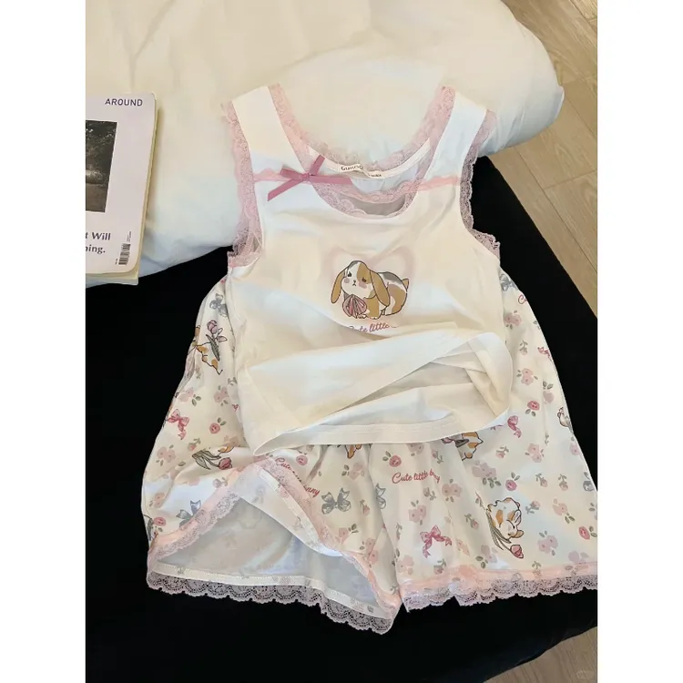 【碎花小兔】甜美可爱带胸垫吊带睡衣女夏季新款背心短裤套装家居服