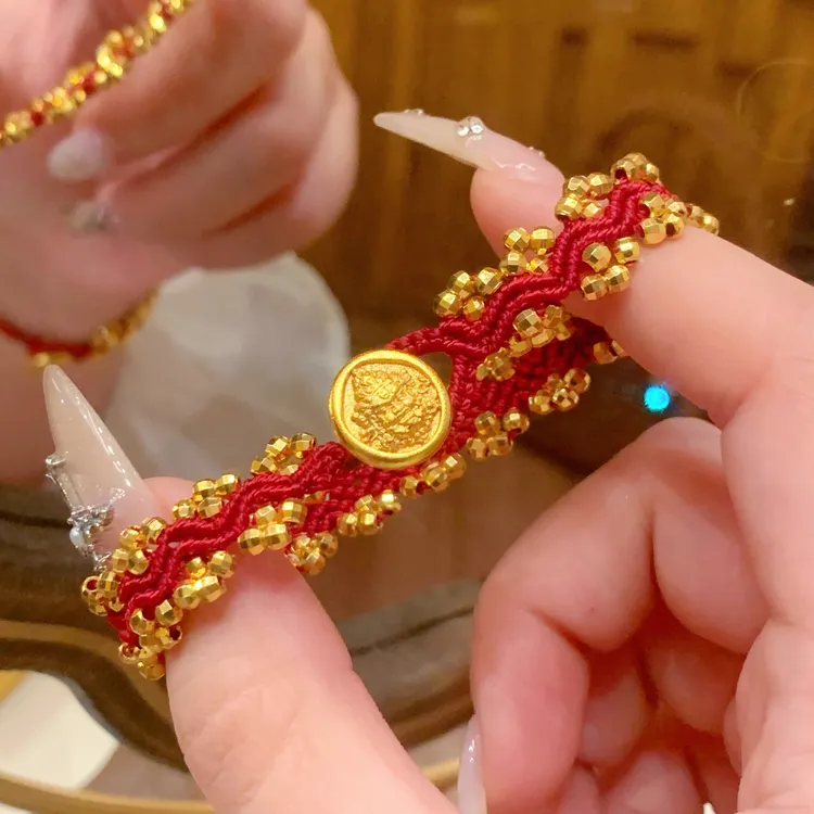 铜合金布艺手链 新中式国潮风爆闪蹦迪珠波浪纹黄财神红绳手链