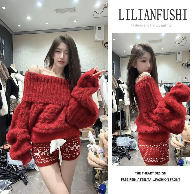 今年流行套装2025新款宽松红色长袖一字肩针织衫显瘦短裤两件套女