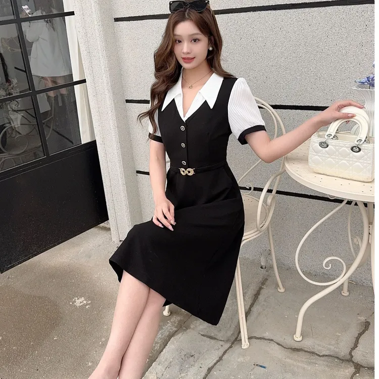 气质撞色法式新款高端夏季新款小众收腰修身裙子假两件连衣裙大码