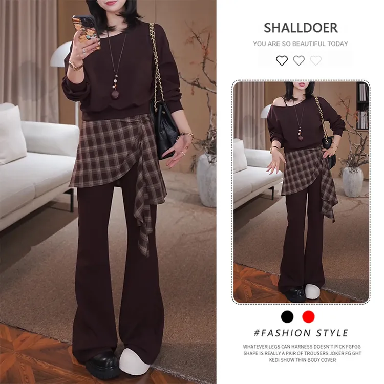 美拉德时尚套装女2025春秋新款显瘦露肩长袖卫衣休闲阔腿裤两件套