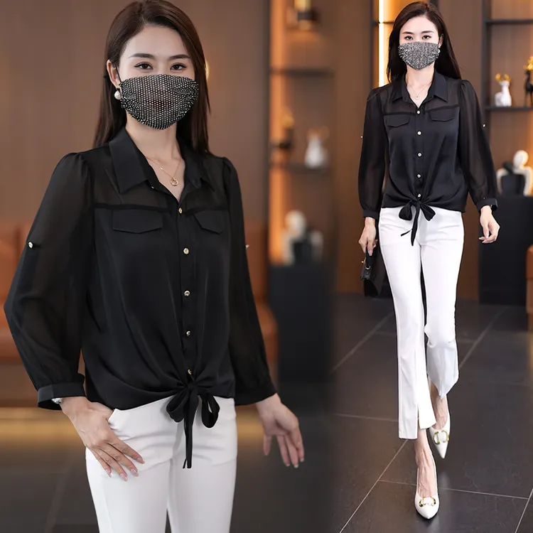 黑色衬衫九分袖2025春秋新款洋气显瘦百搭高级感女士衬衣雪纺上衣