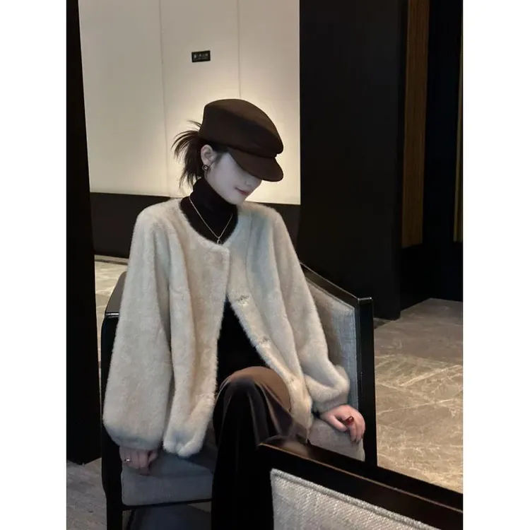 R123386W常规款韩版针织宽松型厚款短外套百搭大衣秋冬洋气