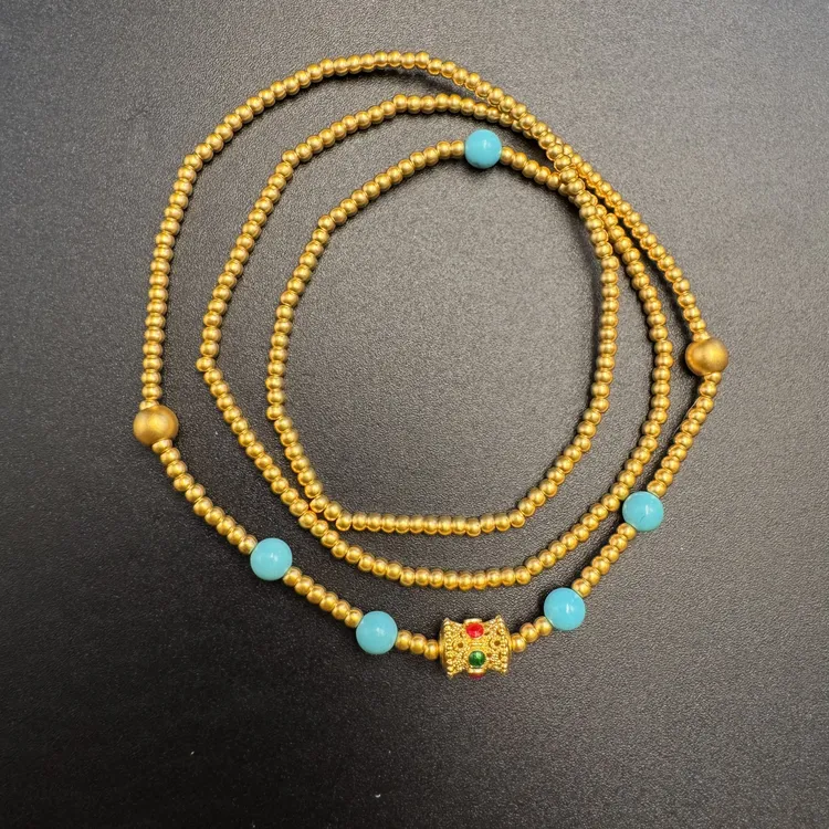足金999 古法金珠在逃公主三圈两用手串 搭配绿松石