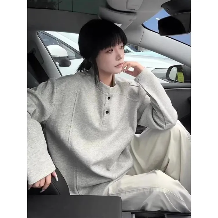 亨利领polo衫长袖t恤男款秋季拼接重磅无帽卫衣正肩白灰色打底衫