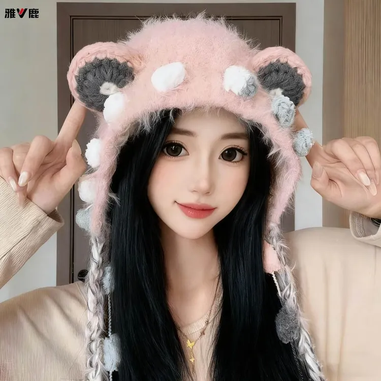 可爱小熊耳朵毛绒毛线帽子女大头围秋冬保暖百搭显脸小流苏针织帽