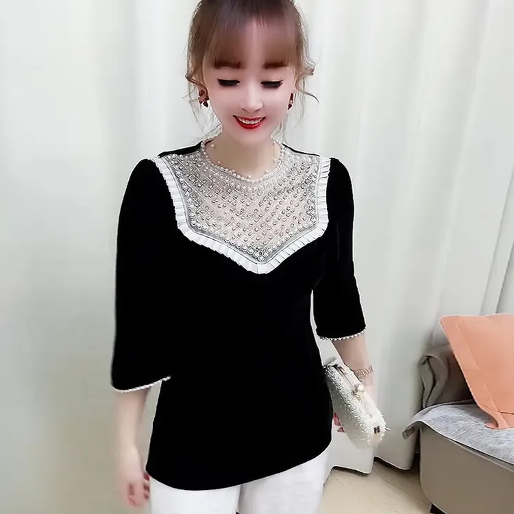 秋季新款国风蕾丝拼接丝绒打底衫上衣显瘦气质减龄遮肚洋气女装潮