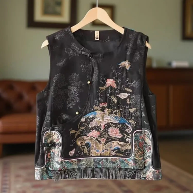 新中式盘扣圆领绣花气质马夹中老年女装复古无袖宽松马甲文艺上衣