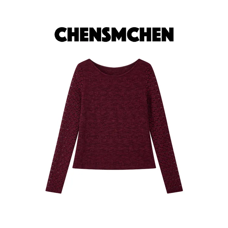 CHENSMCHEN 蕾丝拼接时尚优雅针织衫女轻熟气质显瘦上衣CSZ7637YW