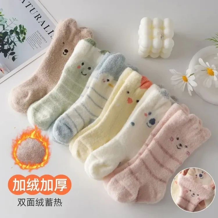 婴儿袜子冬季加厚加绒保暖新生儿袜子秋冬季加绒女宝宝中筒袜pc