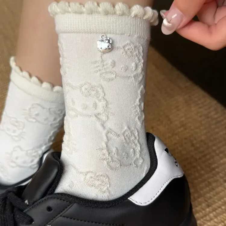 Hello Kitty白色可爱袜子女卡通吊坠Kitty春秋季灰色花边堆堆袜
