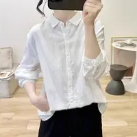 春秋新款棉麻衬衫女蕾丝拼接纯棉长袖宽松减龄上衣复古打底衫衬衣