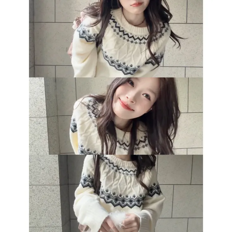 白色高级感费尔岛毛衣女2025秋冬新款韩系慵懒风穿搭针织衫上衣潮