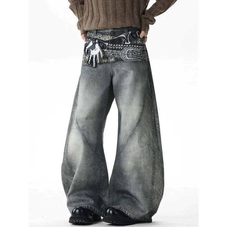 美式重工腰带印花牛仔裤男女秋季高街痞帅宽松廓形设计感弯刀裤子