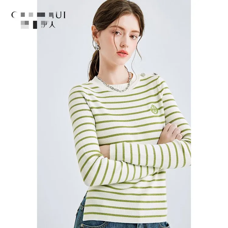 气质圆领条纹针织衫女装简约风弹力打底衫上衣春季新款
