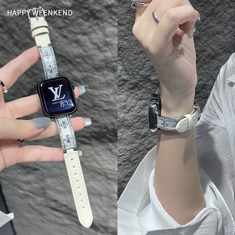 轻奢克罗心镶钻拼皮表带适用于applewatch苹果手表S11SES106789代