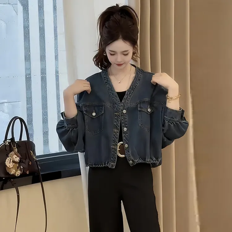 韩版洋气简约宽松时尚牛仔外套女士2025早秋新款百搭松紧下摆上衣