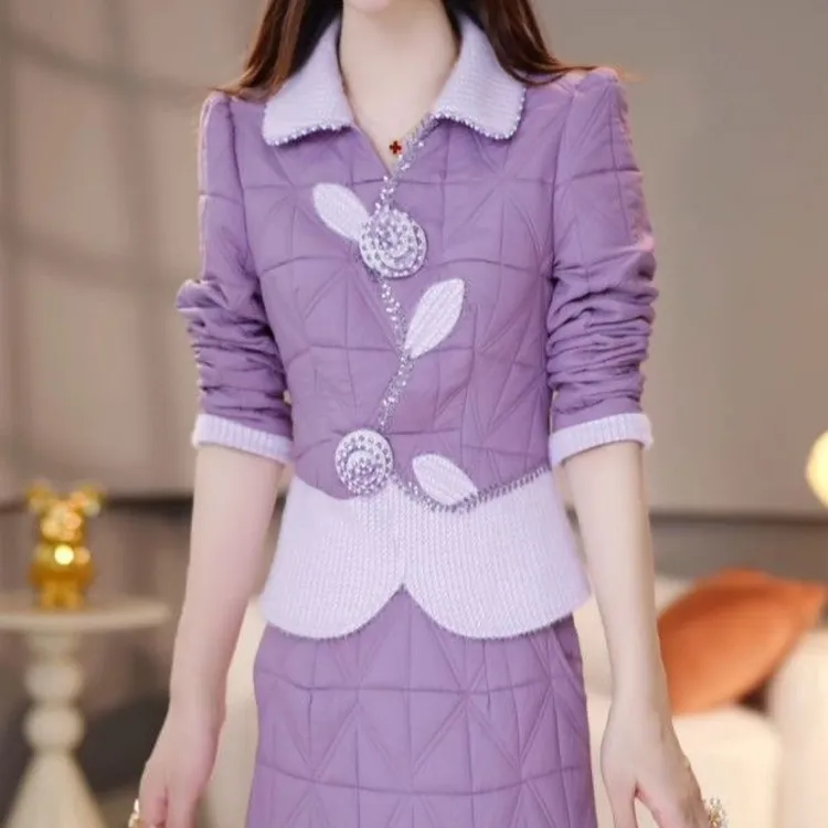 高级免洗加棉时尚保暖上衣半身裙套装2025冬季新款减龄拼接两件套