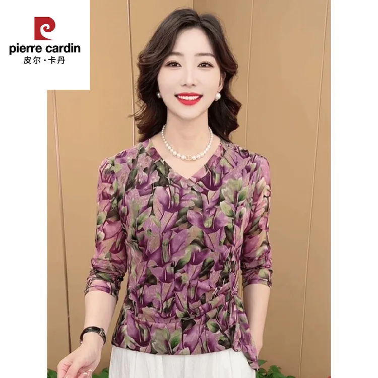 皮尔卡丹早秋新款洋气妈妈装小衫2025时尚领碎花收腰系带弹力长袖