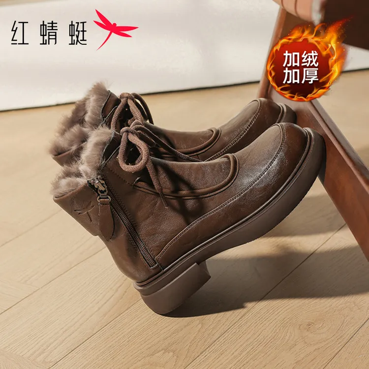 红蜻蜓加绒真皮马丁靴女鞋子2025新款冬季靴子短靴皮靴雪地靴棉鞋
