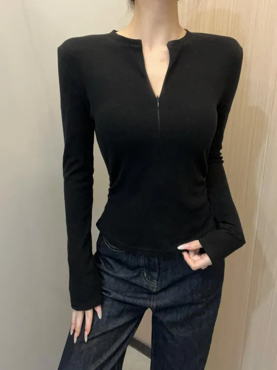 韩版秋季新款拉链百搭长袖T恤女修身显瘦抗起球抗静电双面绒上衣