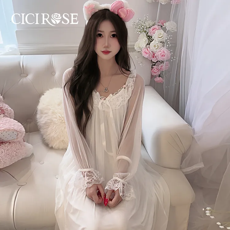 CiCiRose2025秋季新款原创甜美公主风冰丝网纱长款睡裙少女睡衣