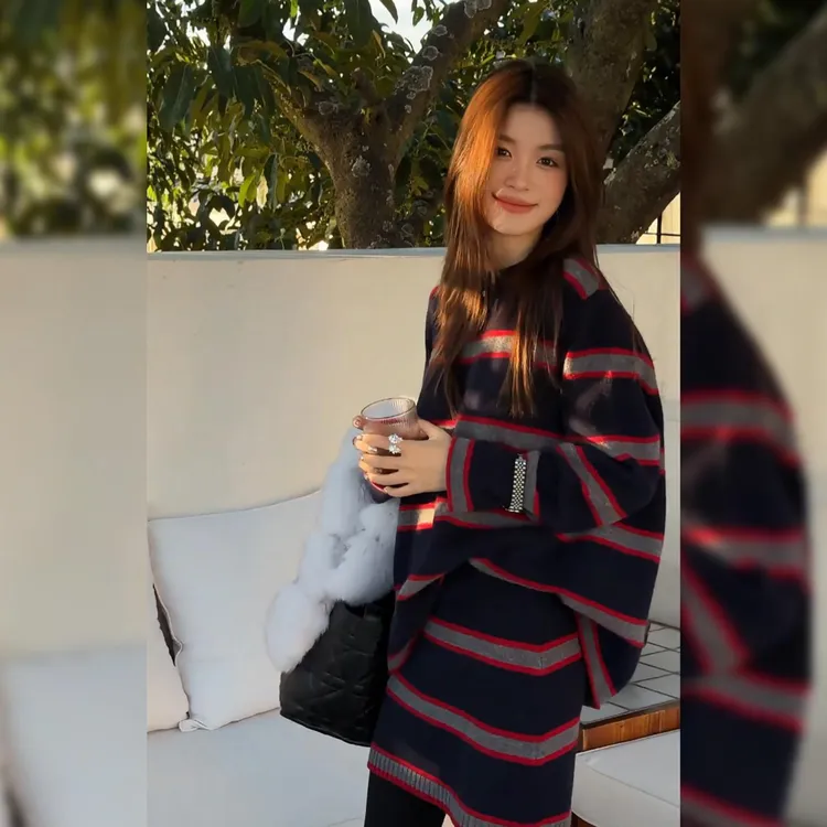 慵懒风小个子套装女2025秋冬新款宽松简约条纹针织上衣半裙两件套