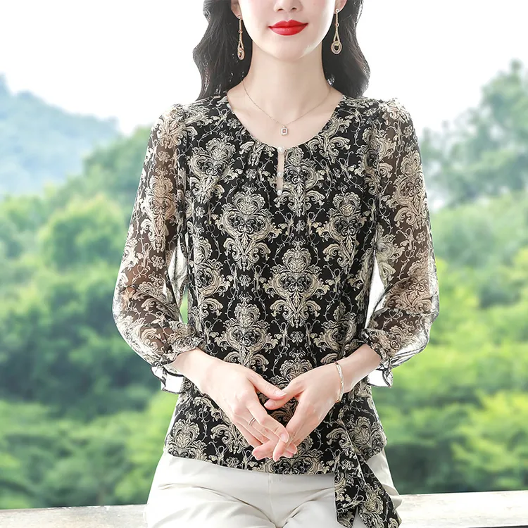 雪纺印花荷叶袖衬衫女士春夏遮肉减龄气质显瘦上衣洋气百搭小衫43