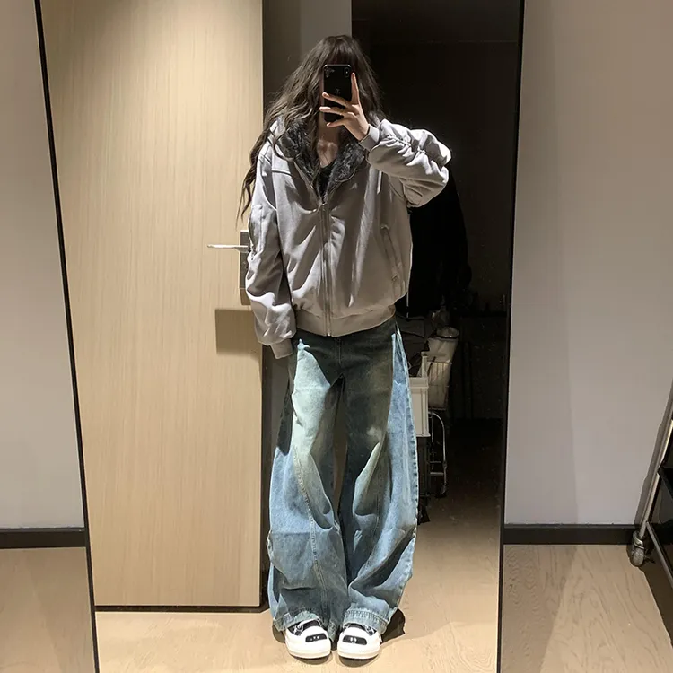 美式复古弯刀牛仔裤女秋季设计感阔腿宽松痞帅百搭垂感拖地长裤子