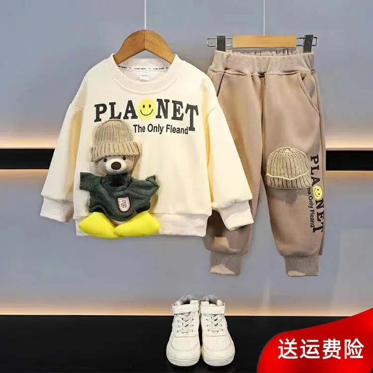 巴拉童年男女童厚T恤套装卡通小熊2025新款宝宝时髦中小童装加绒
