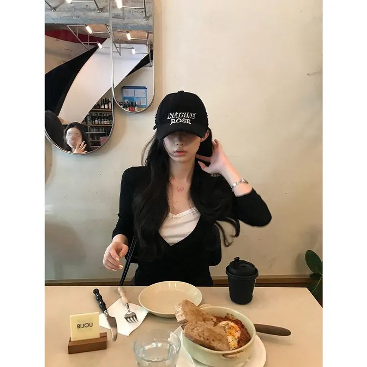 番茄妹妹Tomatosister 黑色V领假两件t恤女早秋显瘦内搭打底上衣