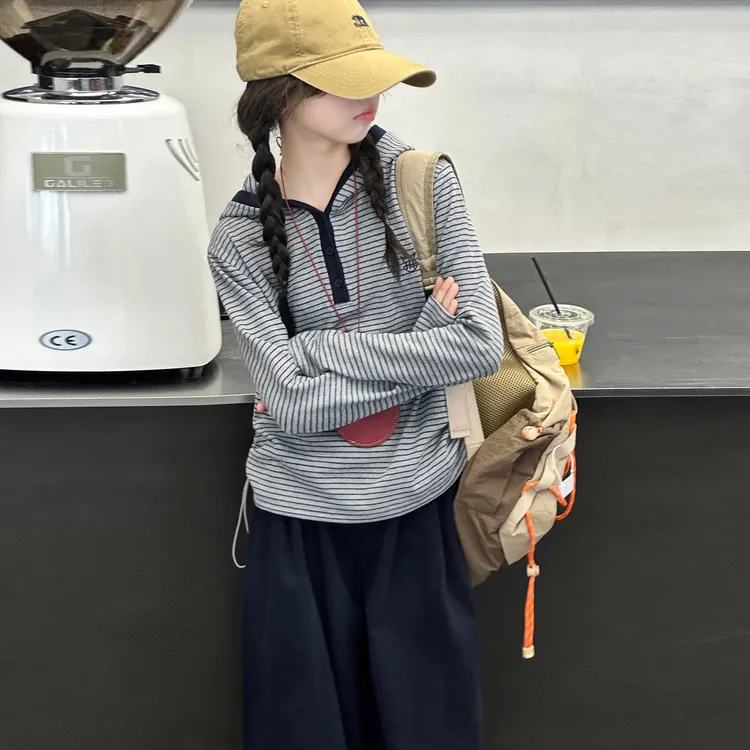 中大童9-15岁女潮童秋季套装儿童卫衣新款洋气条纹连帽上衣两件套