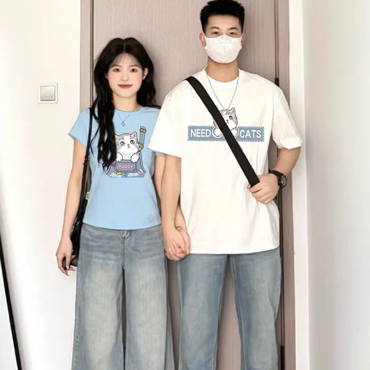 高级感夏日小众情侣装夏季2025新款修身短袖一男一女t恤衫上衣服