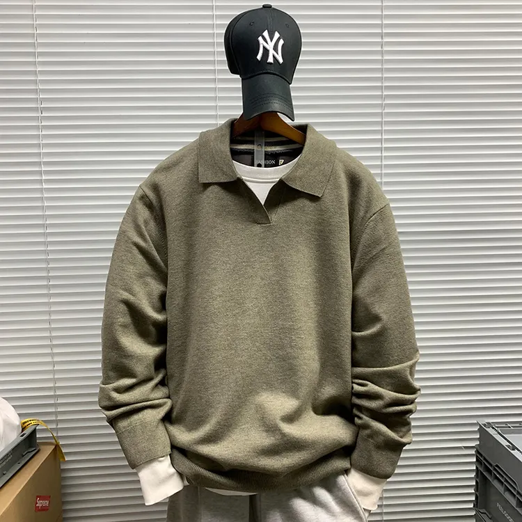 老钱风翻领简约纯色毛衣外套男士秋冬新款休闲舒适百搭打底针织衫