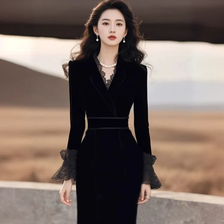 冬季上流社会绝美礼服气质女神范轻奢高级感超好看黑色丝绒连衣裙