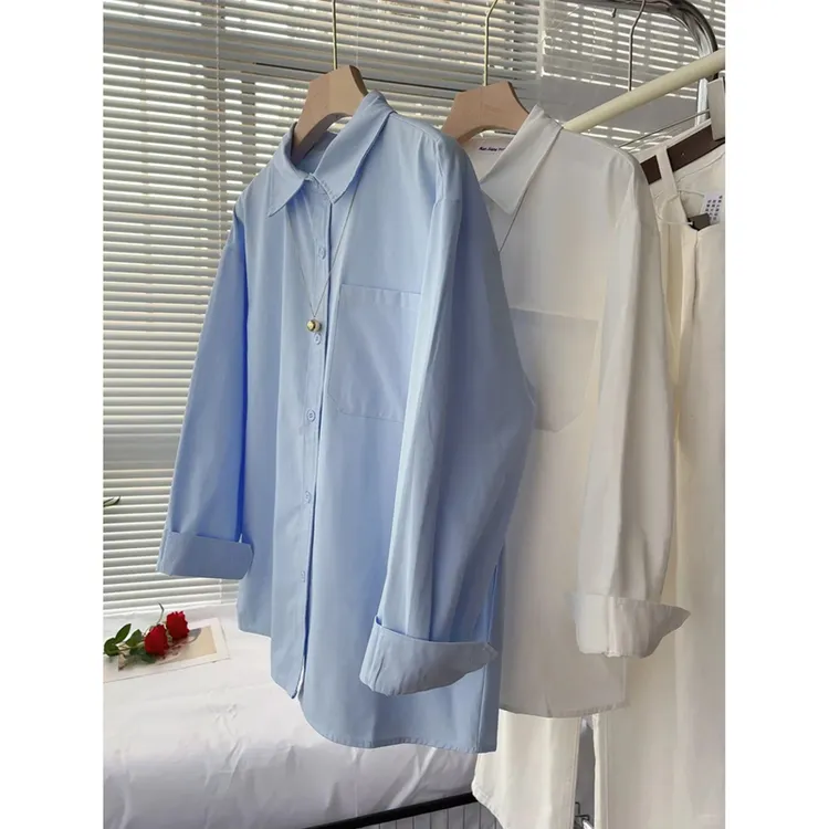 2025蓝色打底衬衫女新款韩系衬衣小个子内搭长袖上衣外搭