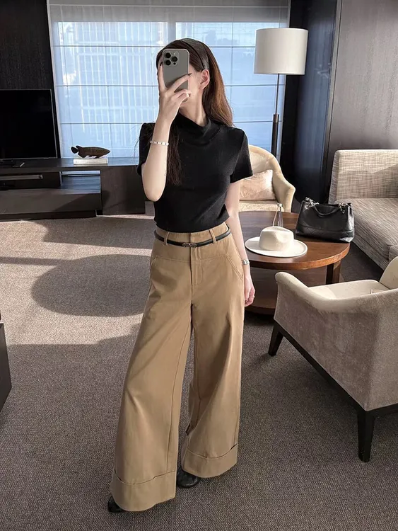 秋季新款带腰带翻边窄版直筒长裤卡其色工装阔腿裤AM26000