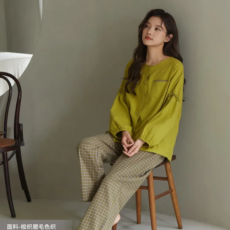 妮可雅女款秋季梭织磨毛纯棉长袖长裤睡衣