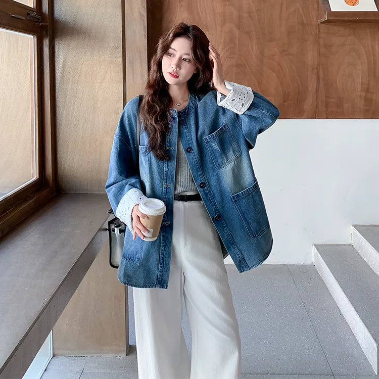 韩版休闲蕾丝拼接牛仔外套女早秋2025新款小个子夹克上衣百搭甜美