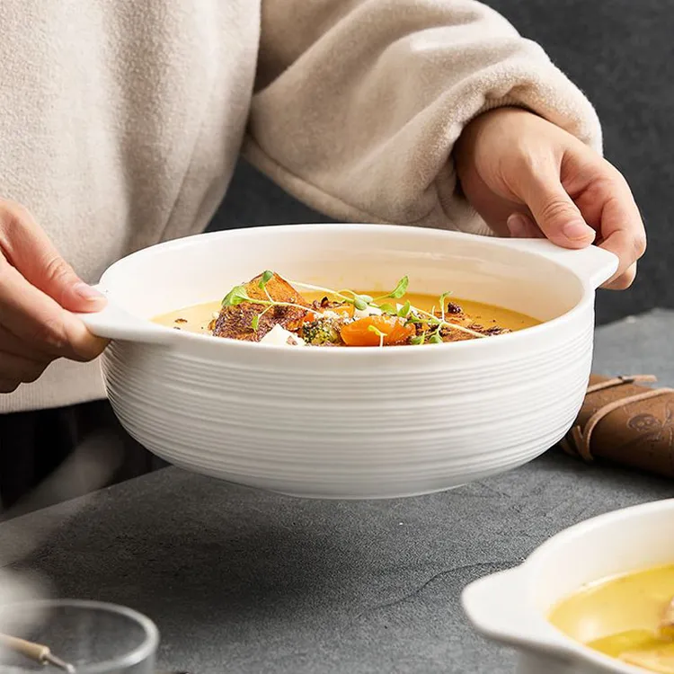 2个螺纹双耳陶瓷汤碗汤盆家用汤碗陶瓷餐具酸菜鱼毛血旺大盆碗Y