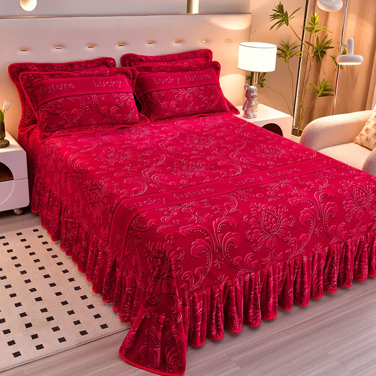 花边95%以上绒被冬季床品套件防静电被套床裙保暖