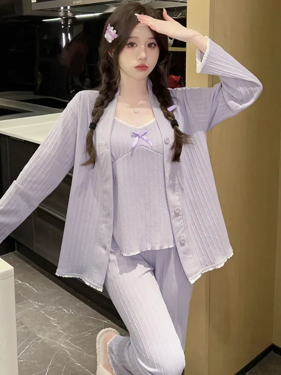 2025新款秋季女士时尚带胸垫可拆睡衣女款长袖吊带长裤家居服套装