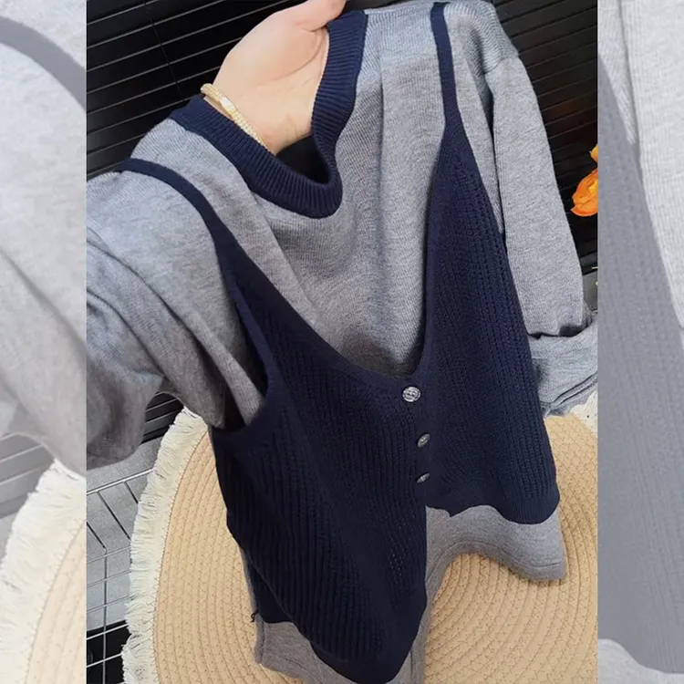 韩系长袖圆领单排扣拼色灰色假两件女2025早秋简约时尚百搭针织衫