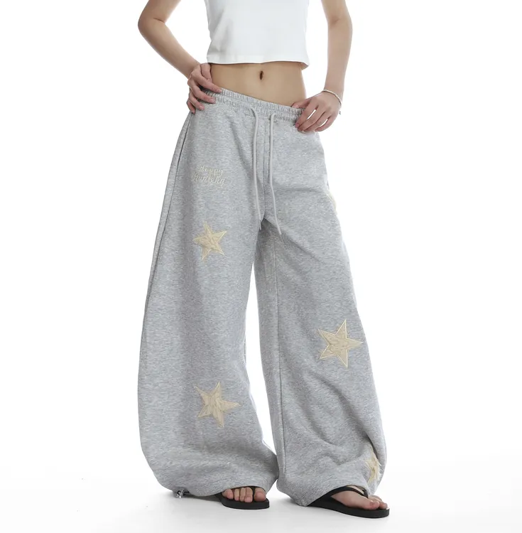 美式复古星星抽绳爵士舞灰色卫裤女宽松慵懒风垂感运动休闲阔腿裤