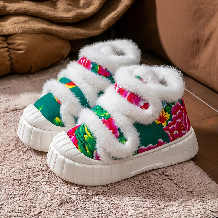 东北大花棉鞋女秋冬季外穿高帮毛绒保暖防滑厚底加绒包跟棉拖鞋