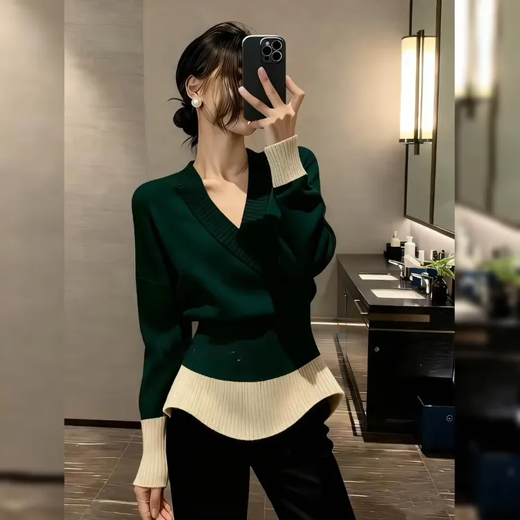 高级感超好看气质撞色软糯毛衣女士秋冬加厚新款掐腰漂亮针织上衣