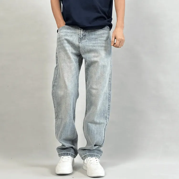 【宽松直筒】无弹秋冬微阔感美式男牛仔裤子休闲百搭潮牌高街浅蓝
