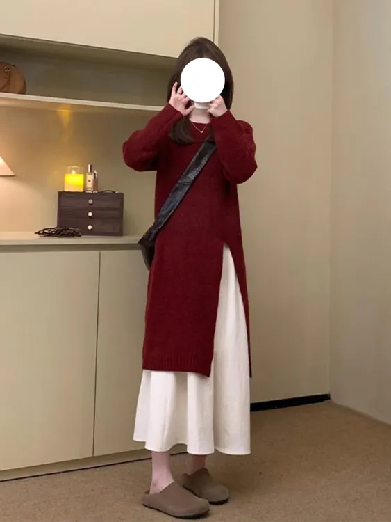 简约时尚开叉红色独特别致连衣裙女秋冬新款法式高级气质漂亮裙子