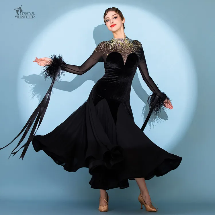 耀黑女王!摩登舞裙丝绒羽毛S7106国标舞连衣裙华尔兹镶钻交谊舞服