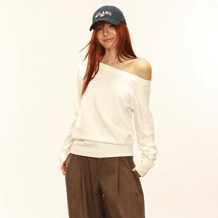 ROMORE  美式复古一字领T恤女2025秋季新款斜肩接头宽松休闲上衣